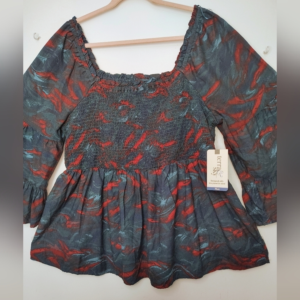 NWT Terra & Sky women's smock top, flared sleeves, cotton, plus sz 1X. - Picture 4 of 16